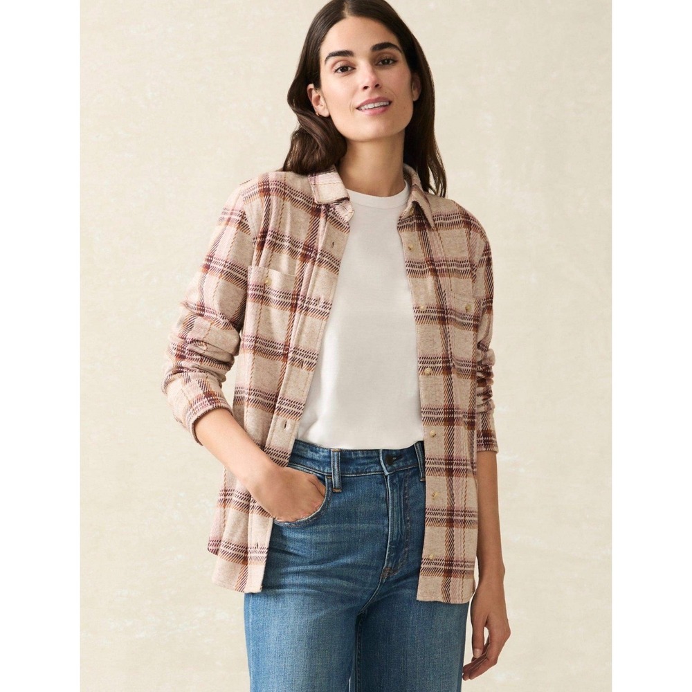 Faherty Legend Plaid Shirt Womens Medium‎ Knit Western Boho Cowgirl Tan Outdoors